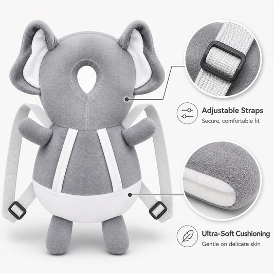 Baby Head Protector,Baby Toddlers Backpack,Kids Child Head Back Safety Protector Pad Cushion Pillow with Straps(GREY, ELEPHANT)