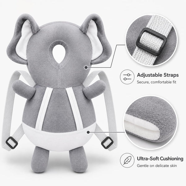 Baby Head Protector,Baby Toddlers Backpack,Kids Child Head Back Safety Protector Pad Cushion Pillow with Straps(GREY, ELEPHANT)