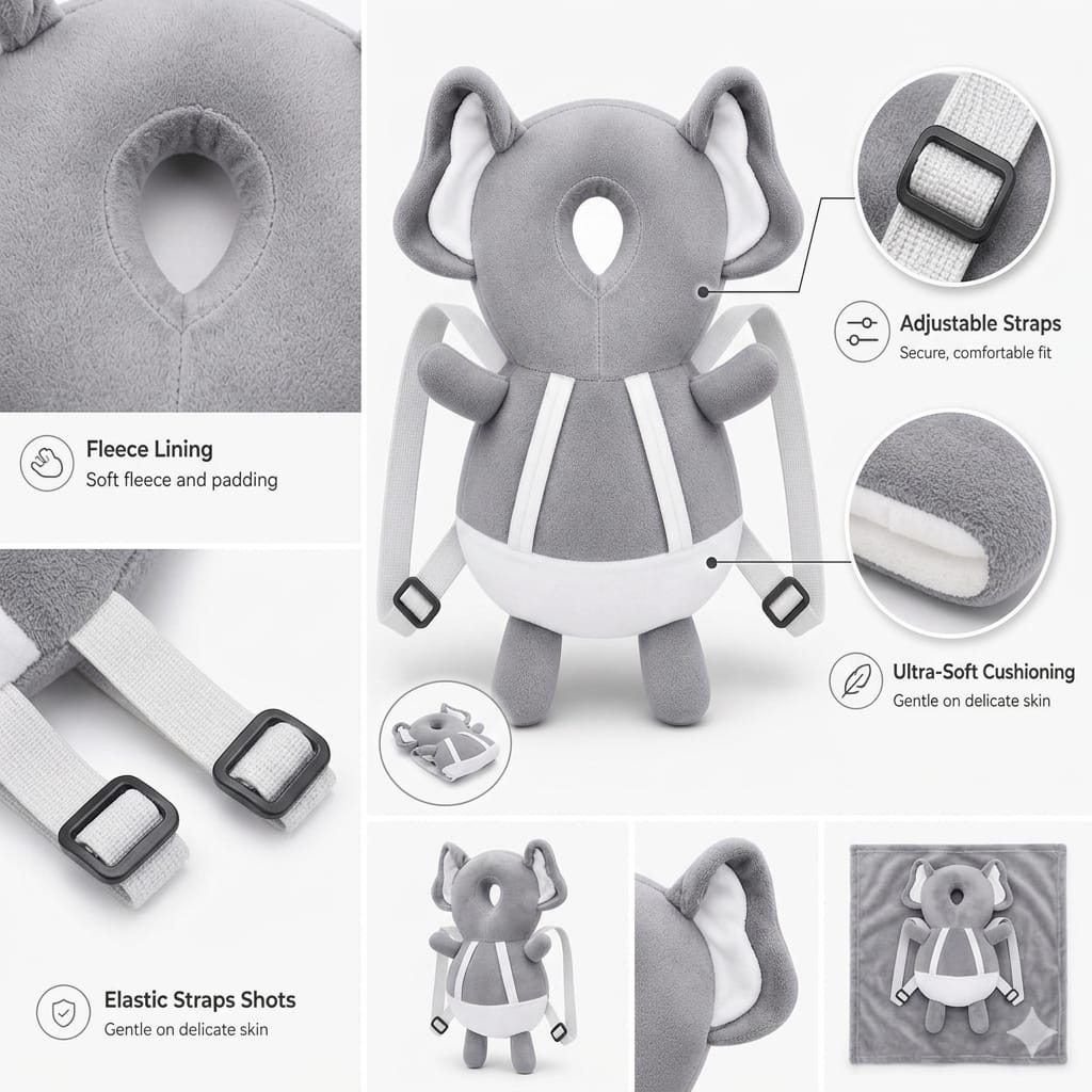 Baby Head Protector,Baby Toddlers Backpack,Kids Child Head Back Safety Protector Pad Cushion Pillow with Straps(GREY, ELEPHANT)