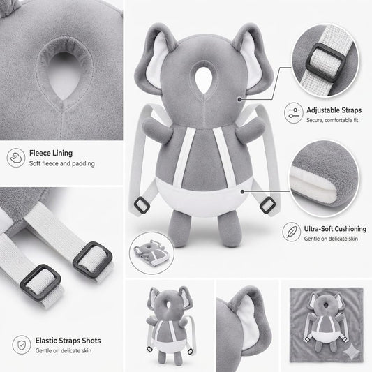 Baby Head Protector,Baby Toddlers Backpack,Kids Child Head Back Safety Protector Pad Cushion Pillow with Straps(GREY, ELEPHANT)