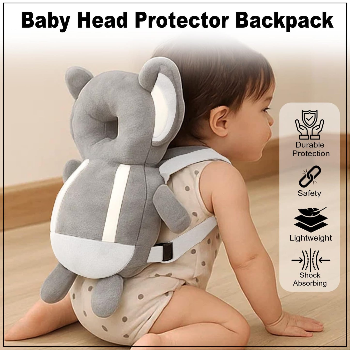 Baby Head Protector,Baby Toddlers Backpack,Kids Child Head Back Safety Protector Pad Cushion Pillow with Straps(GREY, ELEPHANT)